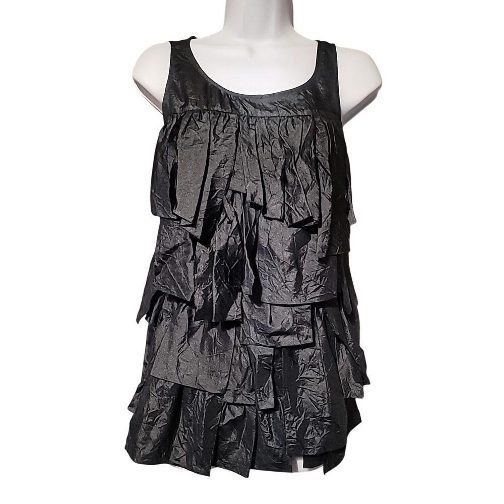 J.Crew Womens 100% Silk Tiered Ruffle Sleeveless Top Black‎ Size 0 Crinkle Tank